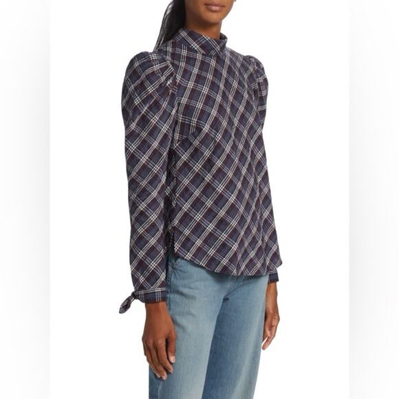 Veronica Beard Isabel Reversed Plaid Blouse Wine Puff Sleeve Blouse Size 0 - Picture 3 of 12